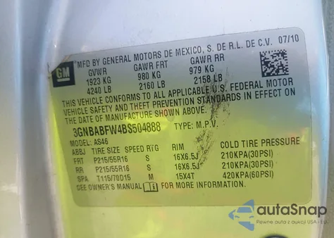 2011 Chevrolet Hhr Lt from USA, damaged, VIN 3GNBABFW4BS504888